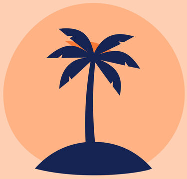 Tropical island with palm trees and sunset sun in minimalist flat style. A clean, vector illustration of a small tropical island featuring two palm trees set against a large rising or setting sun. 