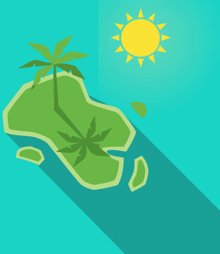 Minimalist tropical beach island icon with sun and vibrant colors. A professional vector illustration of a tropical island featuring palm trees and a bright sun, designed in a modern flat aesthetic 