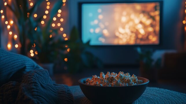 Cozy movie night scene popcorn in bowl, TV showing fire, fairy lights.