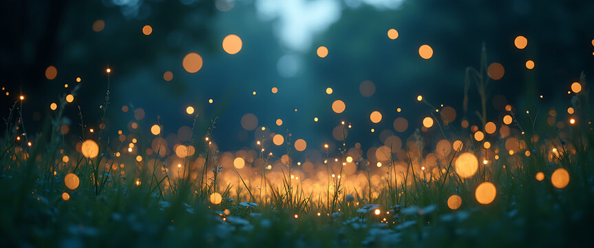 Night meadow with glowing fireflies, bokeh lights, grass, and dark background.