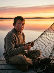 Fototapeta premium Young boy sitting by the lake at sunset, holding a fishing net, looking at camera.