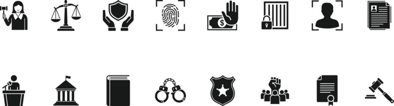 Legal judicial icons set. Showcasing courtroom, law enforcement, justice, documents and compliance symbols.