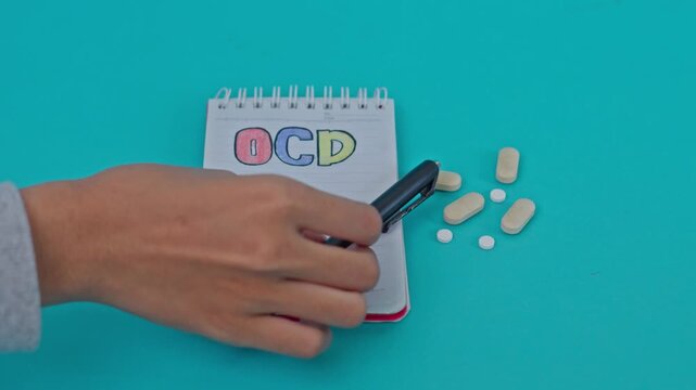 Slow Motion Video Of Hand Placing Black Pen On Notebook With Ocd Text Next To Medicine Pills On Turquoise Background