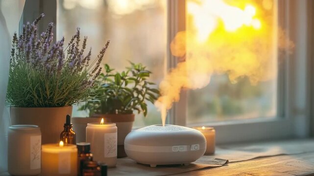 Aromatherapy diffuser emitting mist among candles and lavender plants on wooden windowsill concept of relaxation. Diffuser emitting soft lavender-scented mist in cozy room with candles houseplants.