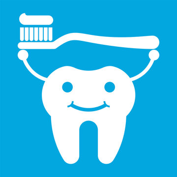 Smiling tooth with toothbrush icon, promoting dental hygiene.