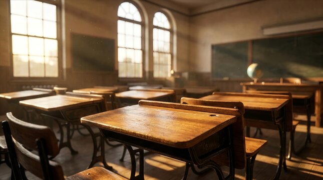 Empty Classroom. Back to school concept in high school. Classroom Interior Vintage Wooden Lecture Wooden Chairs and Desks. Studying lessons in secondary education