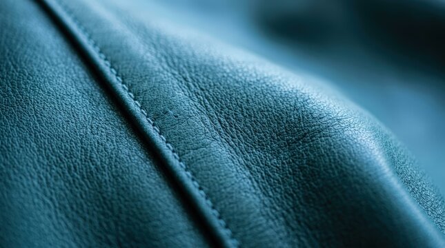 Close-up view of a blue-green textured leather material with a visible seam and intricate stitching detail, highlighting the fabric's rich surface.