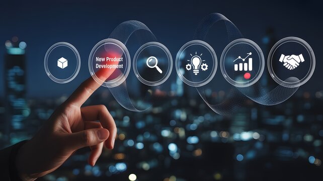 Sleek digital interface with a hand activating "New Product Development," illustrating a modern business strategy for innovation and future growth