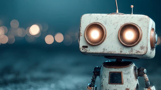 Humanoid AI robot portrait, futuristic metallic design, glowing digital details, clean studio background