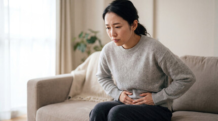 Obraz premium Young Asian woman suffers from pain holds with hands incontinence concept. Woman sitting in discomfort, experiencing abdominal pain at home.