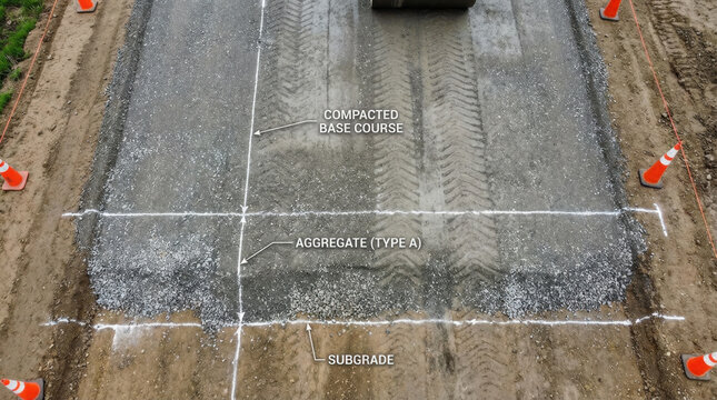 Compacted Base Course Aggregate Subgrade in Construction Site