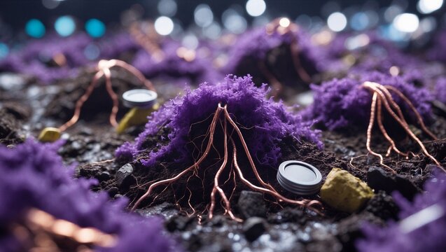 Synthetic violet mycelium and copper roots with smart sensors in dark agricultural soil