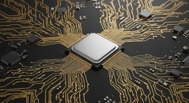 Central processing unit on black motherboard with gold circuits