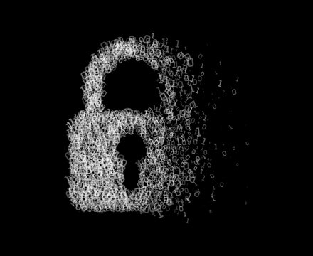 Vector abstract digital padlock silhouette formed by binary code particles for cybersecurity technology artificial intelligence data protection and internet science concept