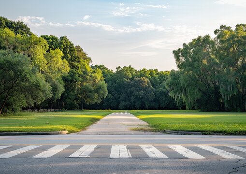 Serene park view with a crosswalk leading to a tree-lined pathway and lush green lawn under a bright sky. Ideal for nature-themed backgrounds, urban park promotions, tranquil landscape visuals.