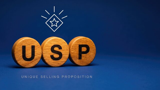 Three warm wood discs spelling USP with a star-diamond differentiator icon above on a deep royal-blue background for unique selling proposition.