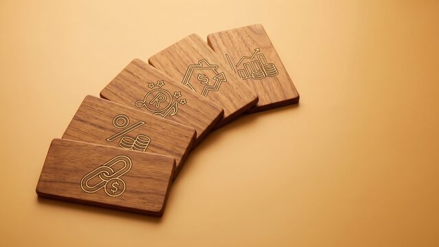An angled fan stack of wooden tile cards with dividend, rental, royalty, and interest income icons on a warm gold background for passive income concepts.