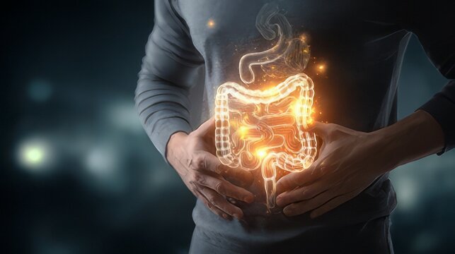 Glowing human intestinal tract superimposed over a person abdomen.