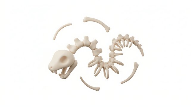 A detailed view of a snake skeleton, partially disassembled with individual bones scattered on a clean white background.