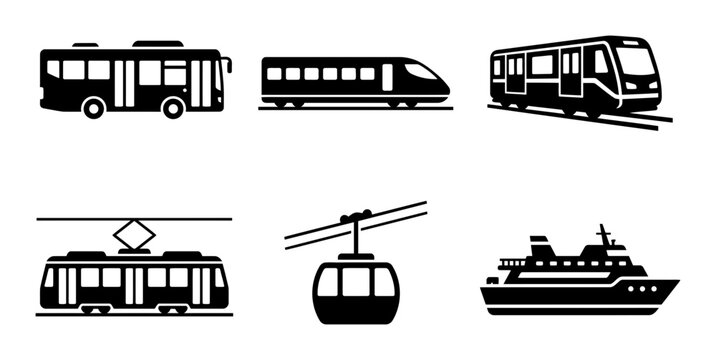 6 Public transportation icons featuring bus, train, subway, tram, cable car, and ship, outline solid styles, UI and web interface design