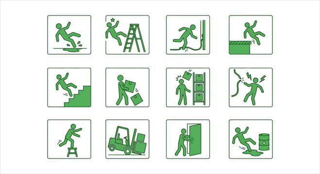 Vector illustrations of industrial safety icons depicting common workplace accident risks