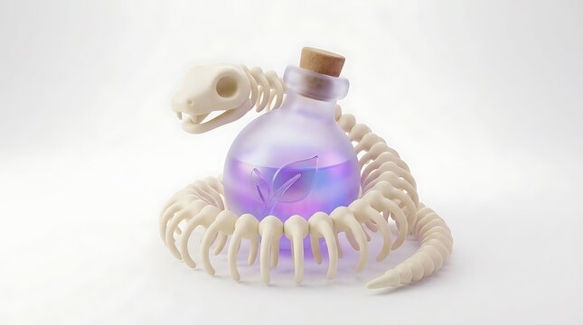 A snake skeleton coiled around a frosted bottle containing glowing purple liquid on a white background.