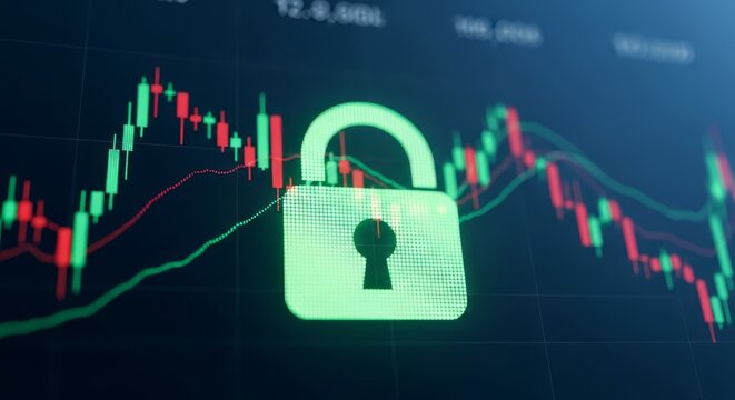 Digital padlock symbol overlaid on a fluctuating stock market graph, representing financial security and data protection