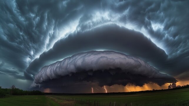 Dramatic shelf cloud over a flat green field with lightning strikes.