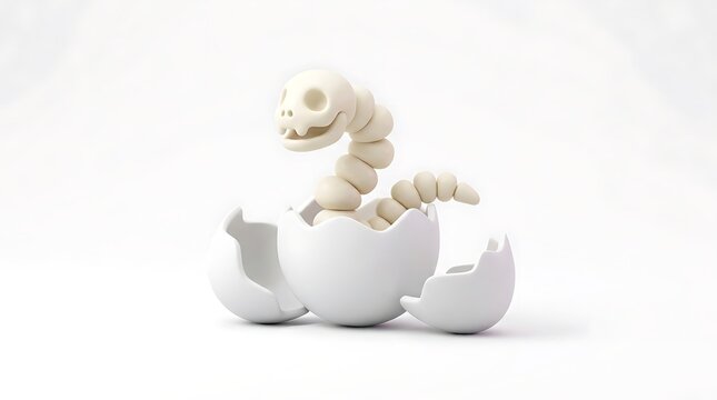 A skeletal baby dragon or snake hatching from a white eggshell on a clean white background.