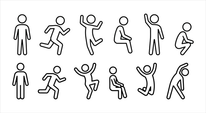 Set of human figures in various poses and actions, line art icons