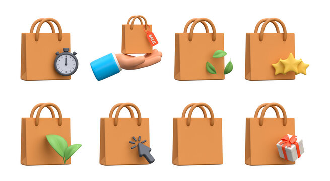 3D Shopping Bag Icons Set. Collection of ecommerce and retail symbols for online shopping, store branding, checkout, sale and customer service design.
