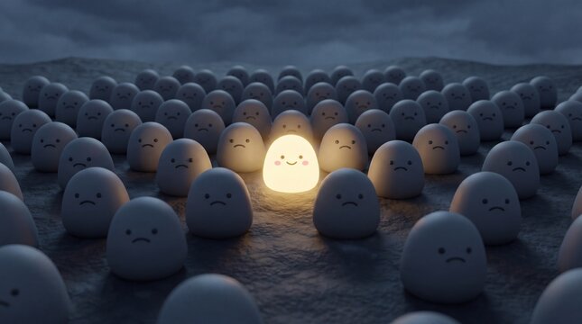 Illuminated Figure Stands Out in a Crowd of Similar Characters.
