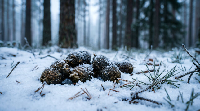 Animal Scat on Snowy Forest Floor in Winter Pine Woodland