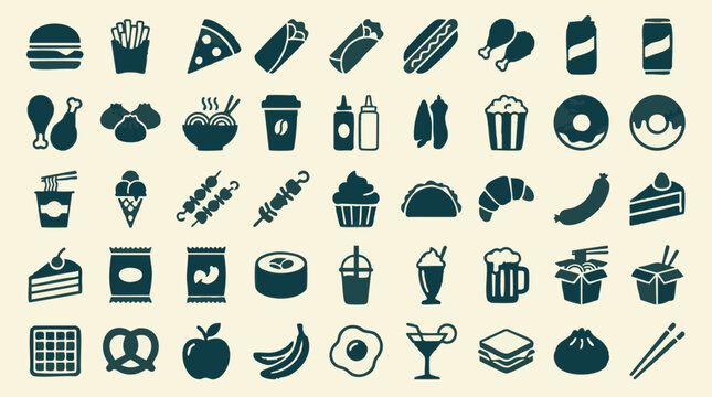 Minimalist food and drink glyph icons set on a light background