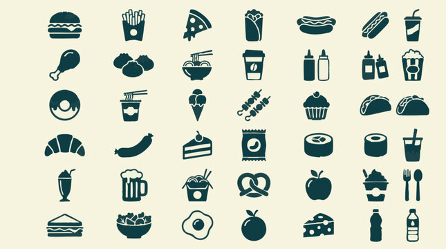 Diverse Food and Drink Icons Collection - Fast Food, Desserts, and Beverages