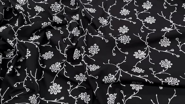 Premium onyx textile featuring an intricate white floral embroidery with delicate vine patterns on a soft cotton base perfect for sophisticated apparel bespoke tailoring and elegant home decor accents