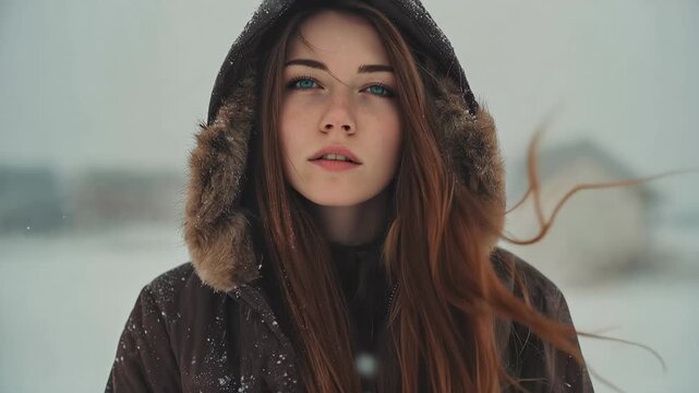 Portrait of a Young Woman with Blue Eyes Wearing a Fur-Trimmed Hood in the Snow