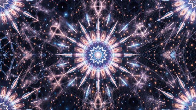 Ornate geometric mandala forming a glowing spiritual pattern, creating an ethereal cosmic visual.