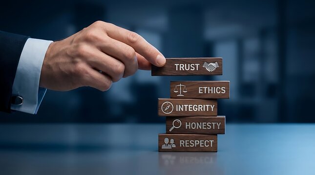 Business concept of building trust and ethics through integrity, honesty, and respect, represented by wooden blocks and a handshake symbol.