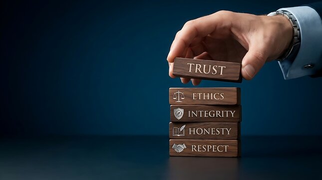 Business executive stacking wooden blocks with the word TRUST on top, representing core values like ethics, integrity, honesty, and respect.