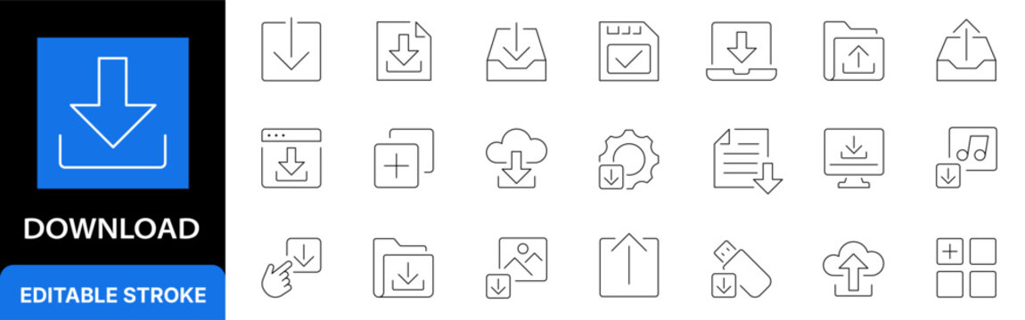 Download icon set. Editable stroke. Vector illustration
