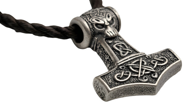 Viking mjolnir thor's hammer pendant with intricate norse knotwork on black leather cord