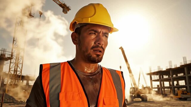 Construction worker facing heat wave under hot sunny weather concept. Construction worker wiping sweat on building site during hot sunny day with cranes and scaffolding