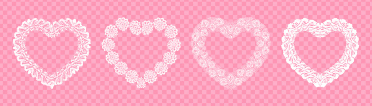 White crochet lace hearts set with decorative stippling halftone effect and vector noise texture
