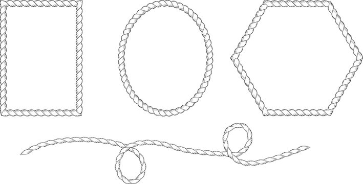 Rope borders and decorative frames with nautical cord. Set of Marine cable patterns for sailor design. Braided string with bow details. Vector rope seamless pattern with nautical or western cord