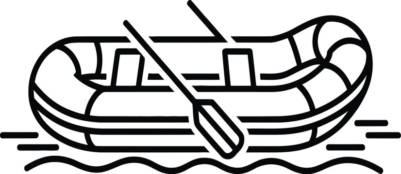 A simple line art illustration of an inflatable raft boat with oars on the water representing river rafting and recreational adventure activities.