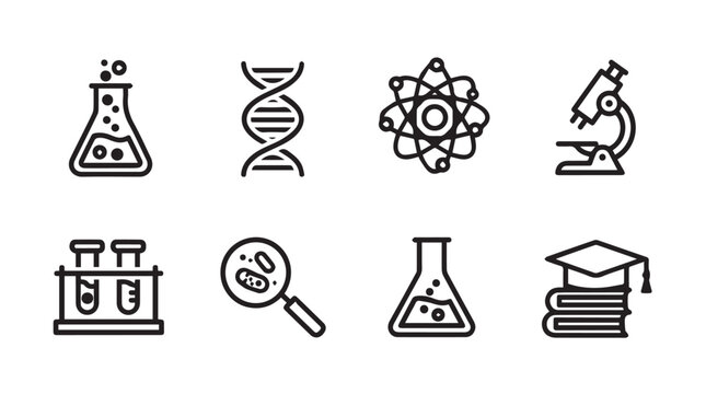 Science icons with beaker DNA atom microscope and graduation cap for research and education