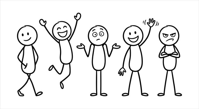 Diverse stick figure character set expressing a range of human emotions