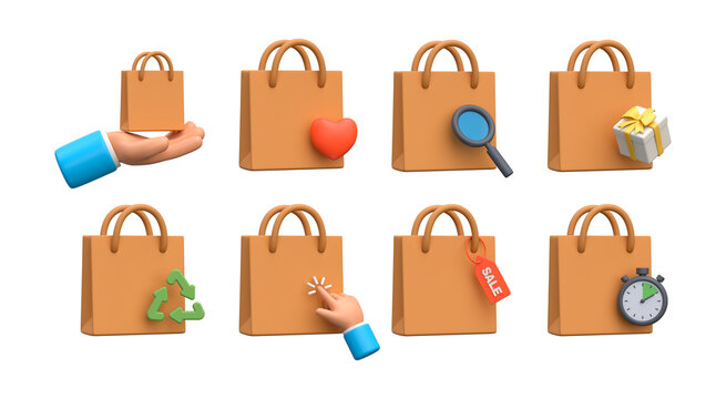 3D Shopping Bag Icons Set. Collection of ecommerce and retail symbols for online shopping, product search, sale, gifting, checkout and customer engagement design.