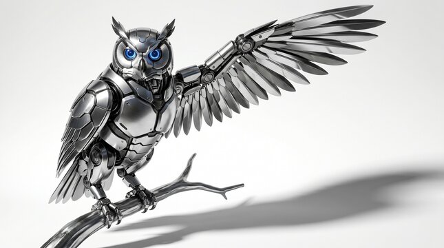 A robotic owl with blue eyes perches on a branch, spreading its wings in a technology-driven environment.